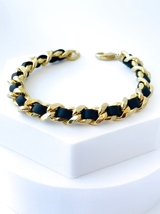 18k Gold Ptd. Cuban Leather Bracelet