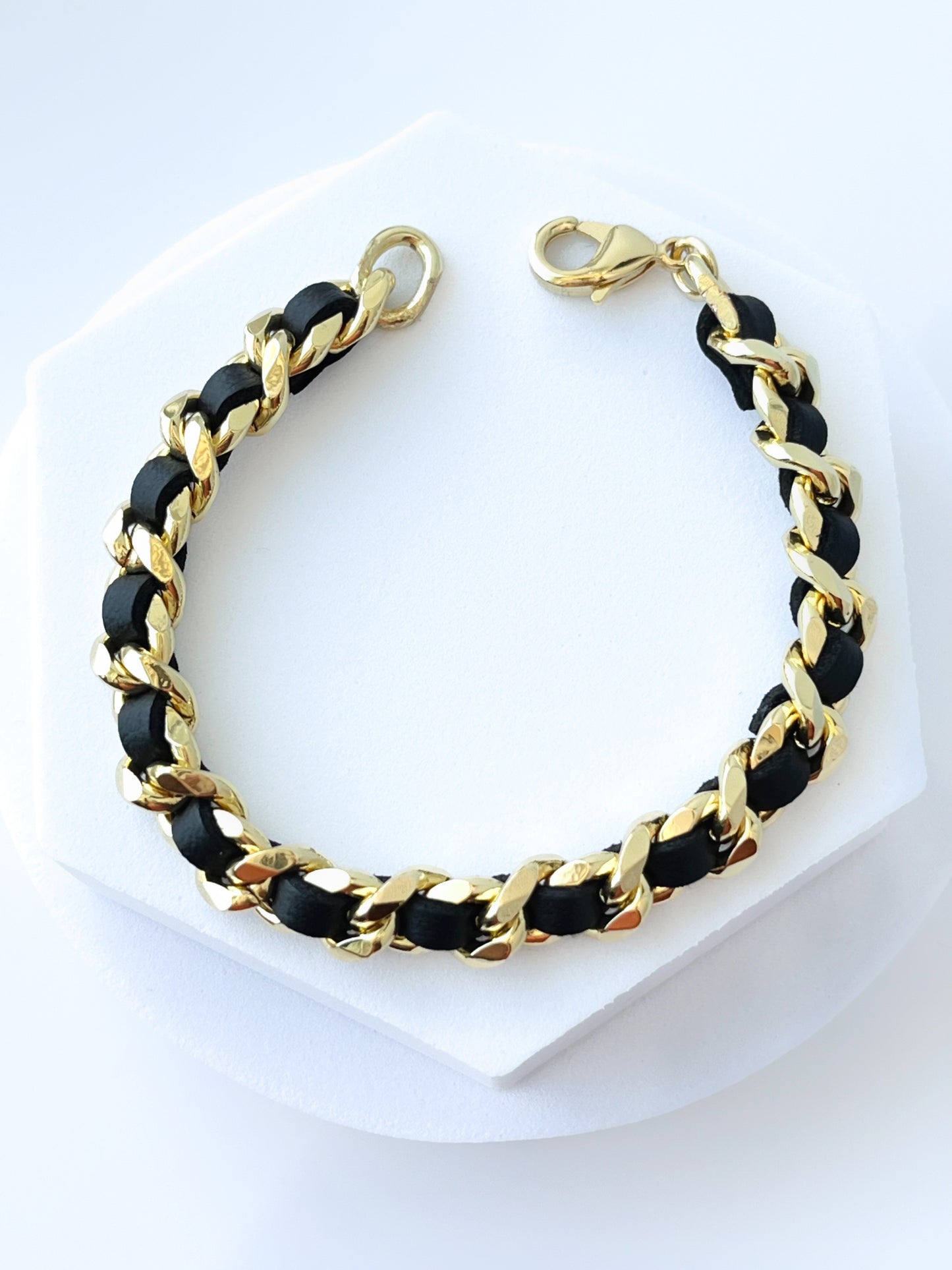 18k Gold Ptd. Cuban Leather Bracelet